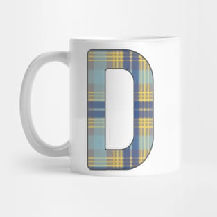 Monogram Letter D, Blue, Yellow and Grey Scottish Tartan Style Typography Design Mug